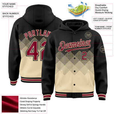 Custom Black City Cream-Crimson Gradient Square Shape 3D Pattern Design Bomber Full-Snap Varsity Letterman Hoodie Jacket