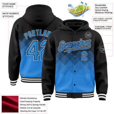 Custom Black Powder Blue-White Gradient Square Shape 3D Pattern Design Bomber Full-Snap Varsity Letterman Hoodie Jacket