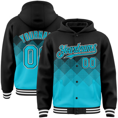 Custom Black Lakes Blue-White Gradient Square Shape 3D Pattern Design Bomber Full-Snap Varsity Letterman Hoodie Jacket