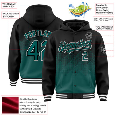 Custom Black Midnight Green-White Gradient Square Shape 3D Pattern Design Bomber Full-Snap Varsity Letterman Hoodie Jacket