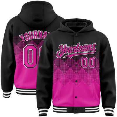 Custom Black Deep Pink-White Gradient Square Shape 3D Pattern Design Bomber Full-Snap Varsity Letterman Hoodie Jacket