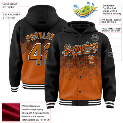 Custom Black Texas Orange-White Gradient Square Shape 3D Pattern Design Bomber Full-Snap Varsity Letterman Hoodie Jacket