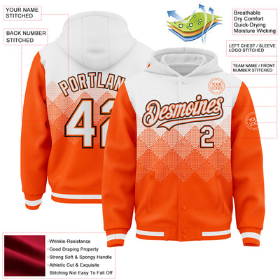 Custom White Orange-Black Gradient Square Shape 3D Pattern Design Bomber Full-Snap Varsity Letterman Hoodie Jacket