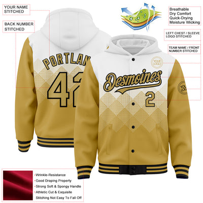 Custom White Old Gold-Black Gradient Square Shape 3D Pattern Design Bomber Full-Snap Varsity Letterman Hoodie Jacket