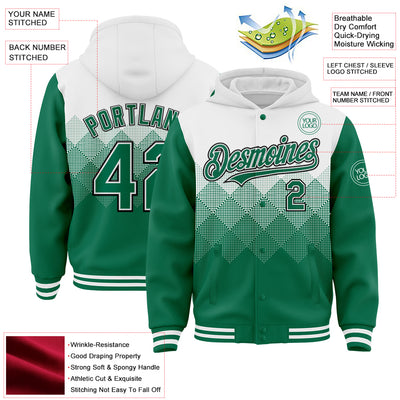 Custom White Kelly Green-Black Gradient Square Shape 3D Pattern Design Bomber Full-Snap Varsity Letterman Hoodie Jacket