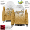 Custom White Old Gold-Black Gradient Square Shape 3D Pattern Design Bomber Full-Snap Varsity Letterman Hoodie Jacket