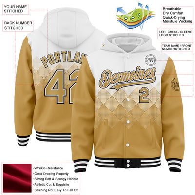 Custom White Old Gold-Black Gradient Square Shape 3D Pattern Design Bomber Full-Snap Varsity Letterman Hoodie Jacket