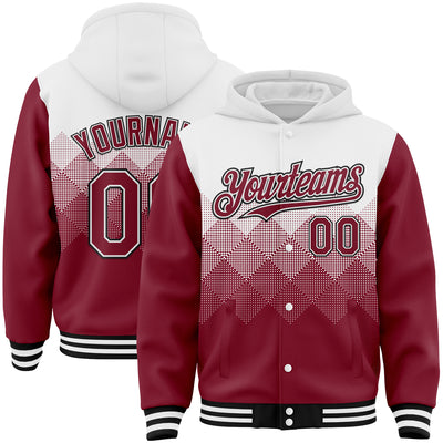 Custom White Crimson-Black Gradient Square Shape 3D Pattern Design Bomber Full-Snap Varsity Letterman Hoodie Jacket