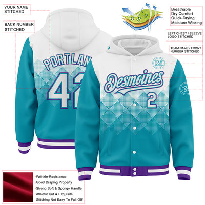 Custom White Teal-Purple Gradient Square Shape 3D Pattern Design Bomber Full-Snap Varsity Letterman Hoodie Jacket