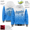 Custom White Powder Blue-Black Gradient Square Shape 3D Pattern Design Bomber Full-Snap Varsity Letterman Hoodie Jacket