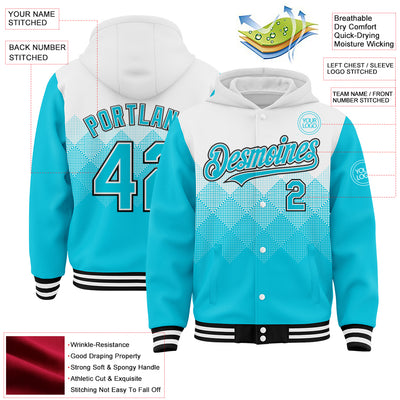 Custom White Lakes Blue-Black Gradient Square Shape 3D Pattern Design Bomber Full-Snap Varsity Letterman Hoodie Jacket