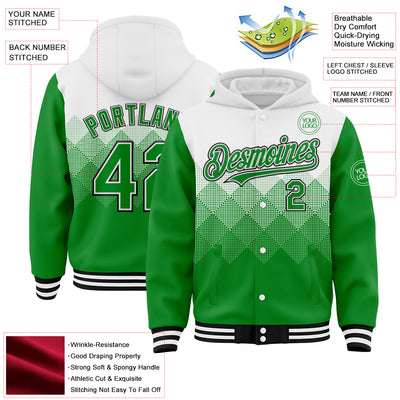 Custom White Grass Green-Black Gradient Square Shape 3D Pattern Design Bomber Full-Snap Varsity Letterman Hoodie Jacket