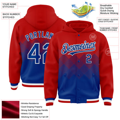 Custom Red Royal-White Gradient Square Shape 3D Pattern Design Bomber Full-Snap Varsity Letterman Hoodie Jacket