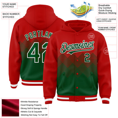 Custom Red Green-White Gradient Square Shape 3D Pattern Design Bomber Full-Snap Varsity Letterman Hoodie Jacket