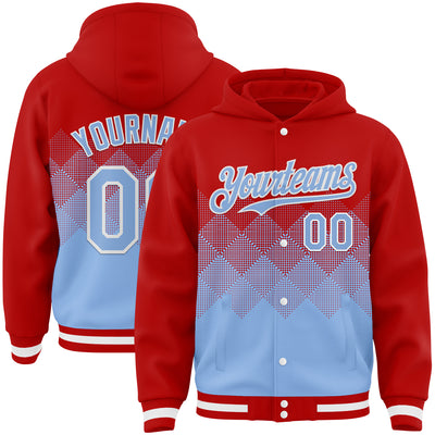 Custom Red Light Blue-White Gradient Square Shape 3D Pattern Design Bomber Full-Snap Varsity Letterman Hoodie Jacket