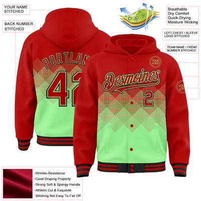 Custom Red Pea Green-Black Gradient Square Shape 3D Pattern Design Bomber Full-Snap Varsity Letterman Hoodie Jacket