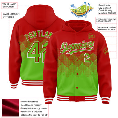 Custom Red Aurora Green-White Gradient Square Shape 3D Pattern Design Bomber Full-Snap Varsity Letterman Hoodie Jacket