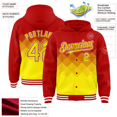 Custom Red Light Yellow-White Gradient Square Shape 3D Pattern Design Bomber Full-Snap Varsity Letterman Hoodie Jacket