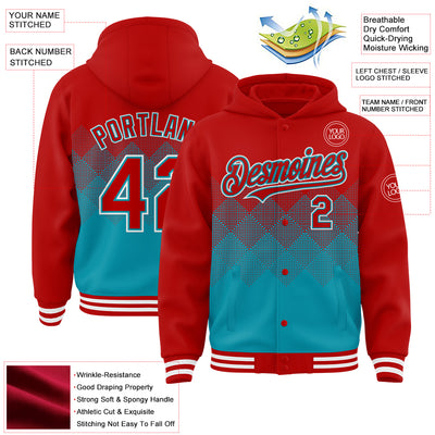 Custom Red Teal-White Gradient Square Shape 3D Pattern Design Bomber Full-Snap Varsity Letterman Hoodie Jacket