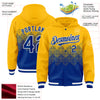 Custom Gold Royal-White Gradient Square Shape 3D Pattern Design Bomber Full-Snap Varsity Letterman Hoodie Jacket