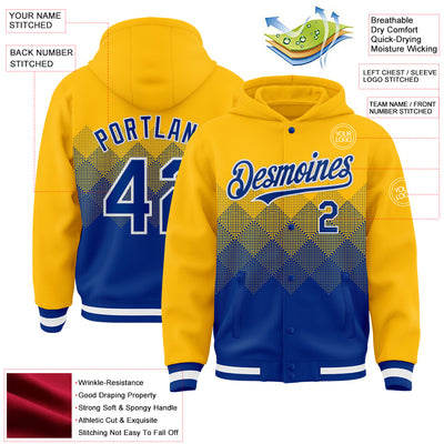 Custom Gold Royal-White Gradient Square Shape 3D Pattern Design Bomber Full-Snap Varsity Letterman Hoodie Jacket