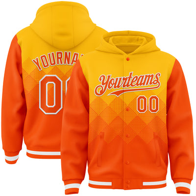 Custom Gold Orange-White Gradient Square Shape 3D Pattern Design Bomber Full-Snap Varsity Letterman Hoodie Jacket