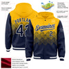 Custom Gold Navy-White Gradient Square Shape 3D Pattern Design Bomber Full-Snap Varsity Letterman Hoodie Jacket