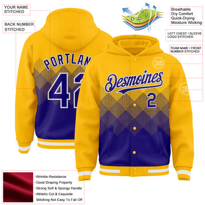 Custom Gold Dark Purple-White Gradient Square Shape 3D Pattern Design Bomber Full-Snap Varsity Letterman Hoodie Jacket