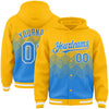 Custom Gold Powder Blue-White Gradient Square Shape 3D Pattern Design Bomber Full-Snap Varsity Letterman Hoodie Jacket