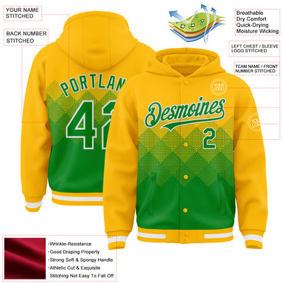 Custom Gold Grass Green-White Gradient Square Shape 3D Pattern Design Bomber Full-Snap Varsity Letterman Hoodie Jacket