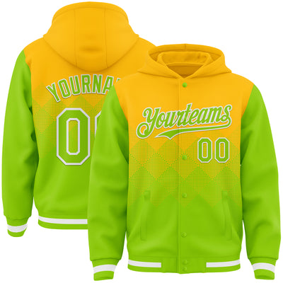 Custom Gold Neon Green-White Gradient Square Shape 3D Pattern Design Bomber Full-Snap Varsity Letterman Hoodie Jacket