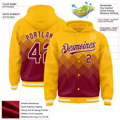 Custom Gold Maroon-White Gradient Square Shape 3D Pattern Design Bomber Full-Snap Varsity Letterman Hoodie Jacket