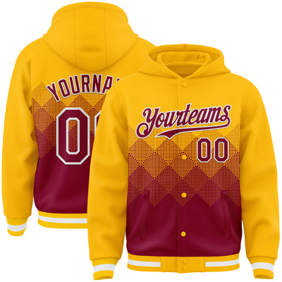 Custom Gold Maroon-White Gradient Square Shape 3D Pattern Design Bomber Full-Snap Varsity Letterman Hoodie Jacket