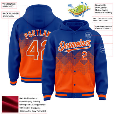 Custom Royal Orange-White Gradient Square Shape 3D Pattern Design Bomber Full-Snap Varsity Letterman Hoodie Jacket