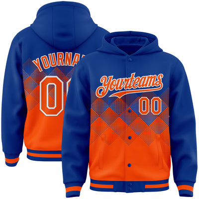 Custom Royal Orange-White Gradient Square Shape 3D Pattern Design Bomber Full-Snap Varsity Letterman Hoodie Jacket