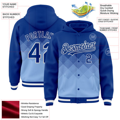 Custom Royal Light Blue-White Gradient Square Shape 3D Pattern Design Bomber Full-Snap Varsity Letterman Hoodie Jacket