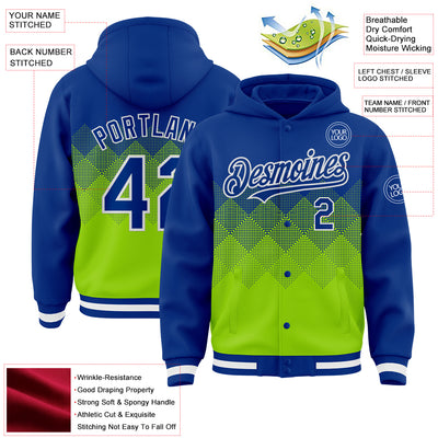 Custom Royal Neon Green-White Gradient Square Shape 3D Pattern Design Bomber Full-Snap Varsity Letterman Hoodie Jacket