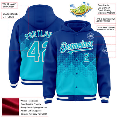 Custom Royal Lakes Blue-White Gradient Square Shape 3D Pattern Design Bomber Full-Snap Varsity Letterman Hoodie Jacket