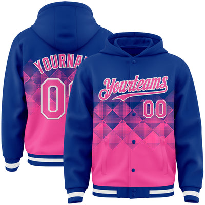 Custom Royal Pink-White Gradient Square Shape 3D Pattern Design Bomber Full-Snap Varsity Letterman Hoodie Jacket