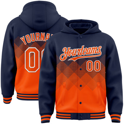 Custom Navy Orange-White Gradient Square Shape 3D Pattern Design Bomber Full-Snap Varsity Letterman Hoodie Jacket