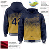 Custom Navy Old Gold-White Gradient Square Shape 3D Pattern Design Bomber Full-Snap Varsity Letterman Hoodie Jacket