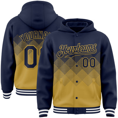 Custom Navy Old Gold-White Gradient Square Shape 3D Pattern Design Bomber Full-Snap Varsity Letterman Hoodie Jacket