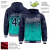 Custom Navy Aqua-White Gradient Square Shape 3D Pattern Design Bomber Full-Snap Varsity Letterman Hoodie Jacket