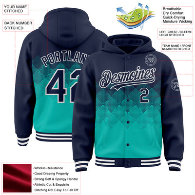 Custom Navy Aqua-White Gradient Square Shape 3D Pattern Design Bomber Full-Snap Varsity Letterman Hoodie Jacket