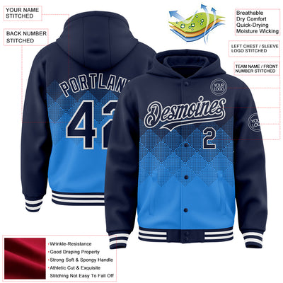 Custom Navy Powder Blue-White Gradient Square Shape 3D Pattern Design Bomber Full-Snap Varsity Letterman Hoodie Jacket