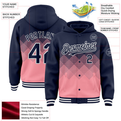 Custom Navy Medium Pink-White Gradient Square Shape 3D Pattern Design Bomber Full-Snap Varsity Letterman Hoodie Jacket