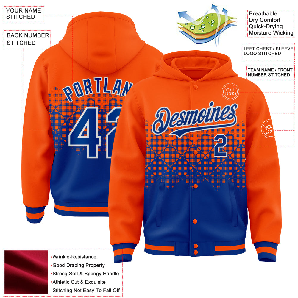 Custom Orange Royal White Gradient Square Shape 3D Pattern Design Bomber Full Snap Varsity Letterman Hoodie Jacket