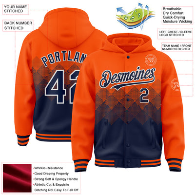 Custom Orange Navy-White Gradient Square Shape 3D Pattern Design Bomber Full-Snap Varsity Letterman Hoodie Jacket