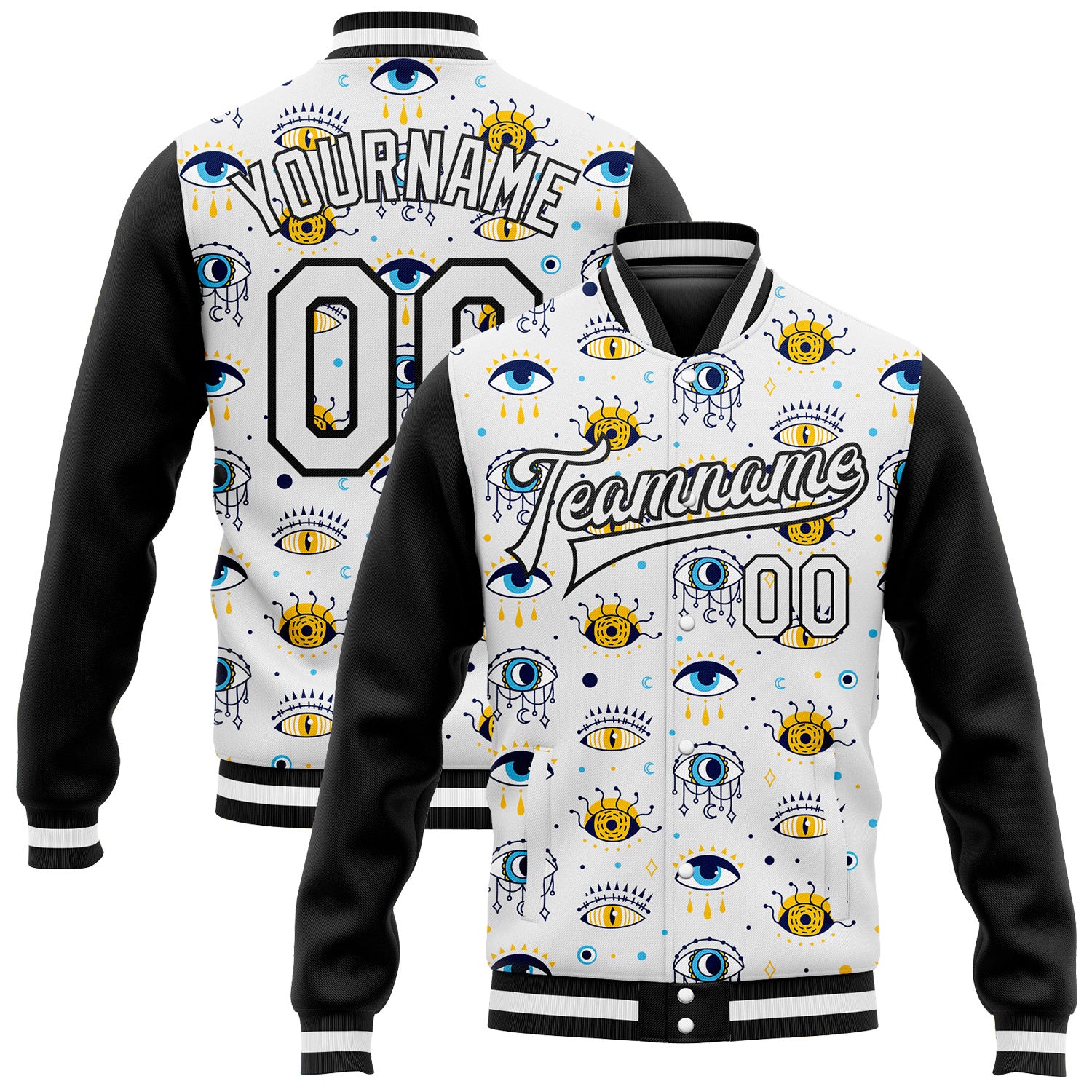 Custom White Black Evil Eyes 3D Pattern Design Bomber Full-Snap Varsity Letterman Jacket