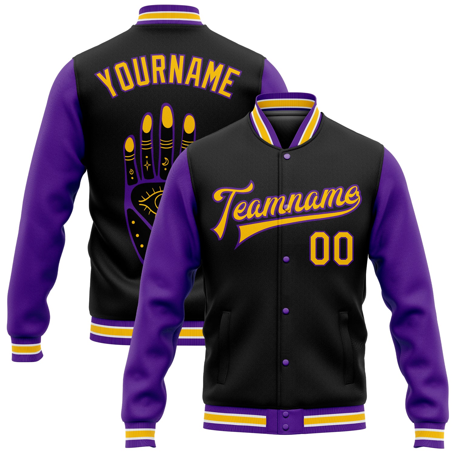 Custom Black Gold-Purple Evil Eyes 3D Pattern Design Bomber Full-Snap Varsity Letterman Jacket